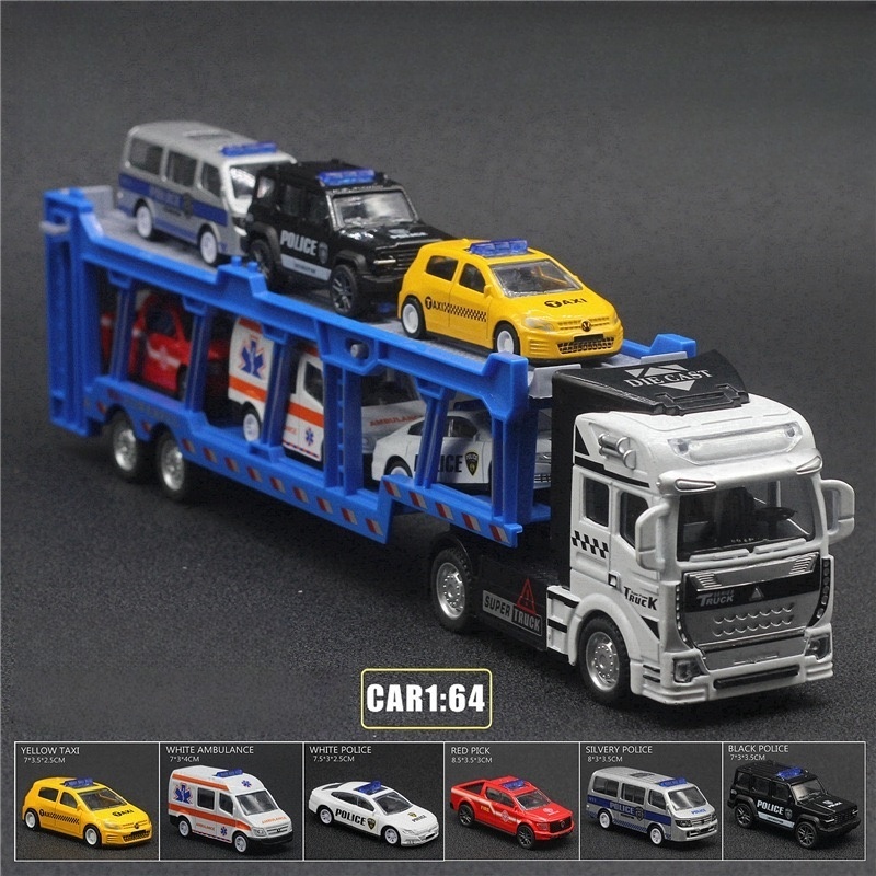 Model Kit Car - 合金製の二層構造輸送車両には、6台のパトカーセット、大型トラックモデルが付属しており、ブレーキ機能、耐衝撃機能が備わっています。